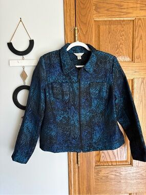Christopher & Banks Women's Blue Patterned Zip-Front Jacket Blazer